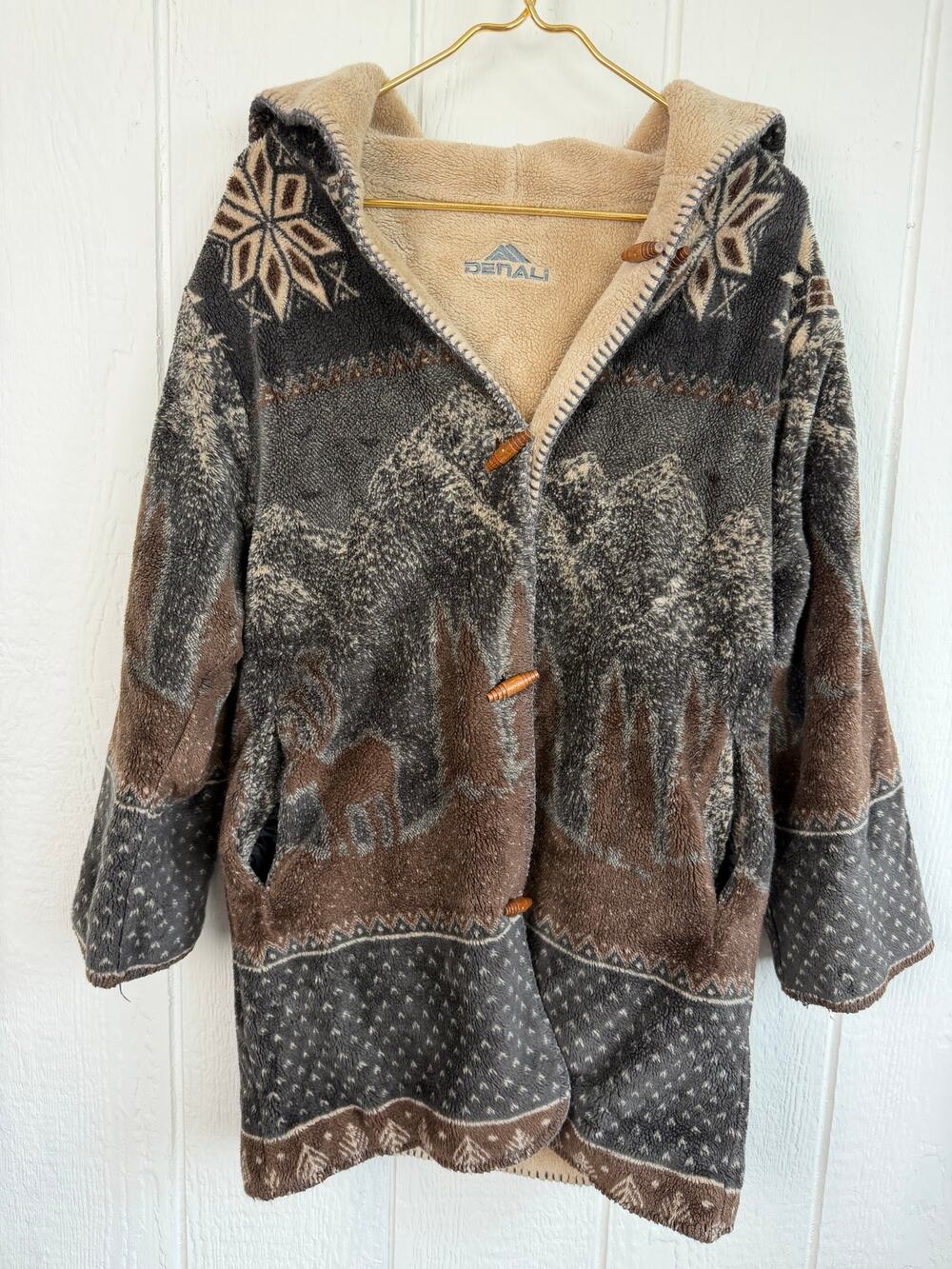 Vintage Denali Fleece Jacket Small Deer Mountain Nordic Hooded Toggle Made USA